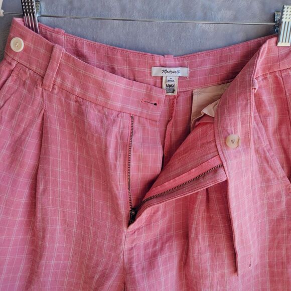MADEWELL Cafe Pink The Harlow Check Short Size 8 Linen 6" Inseam Preppy Relaxed - Picture 7 of 9